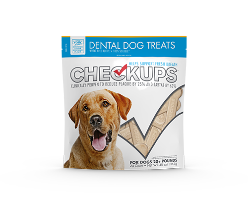 The front of a bag of Checkups Treats.