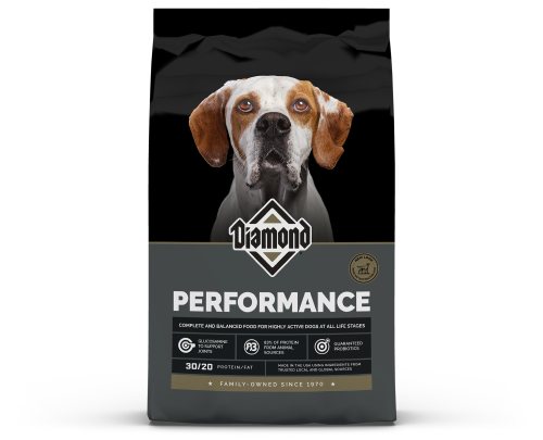 The front of a bag of Diamond Performance for Dogs formula.