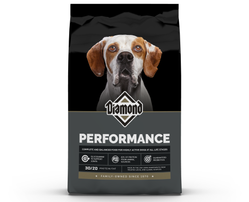The front of a bag of Diamond Performance for Dogs formula.